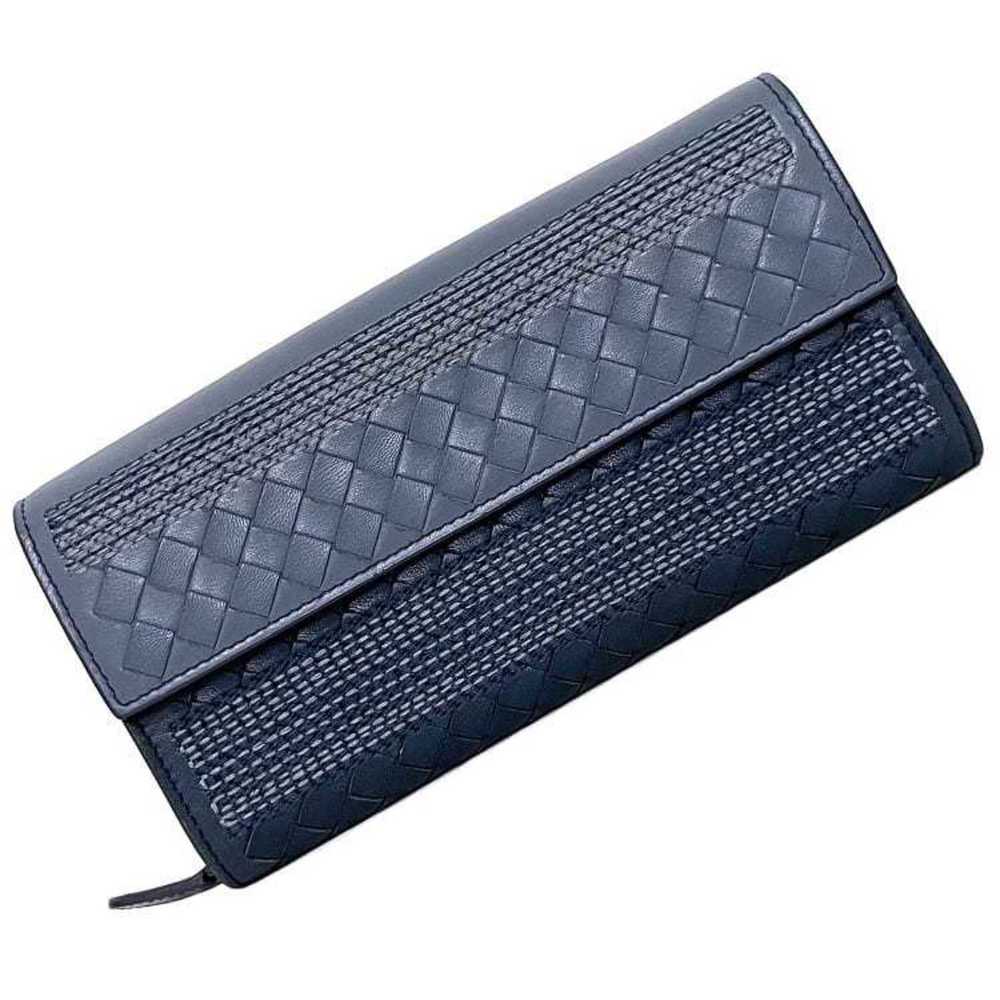 BOTTEGA VENETA Bifold Long Wallet Gray Blue Intrecciato Leather Flap Women's - Picture 1 of 10